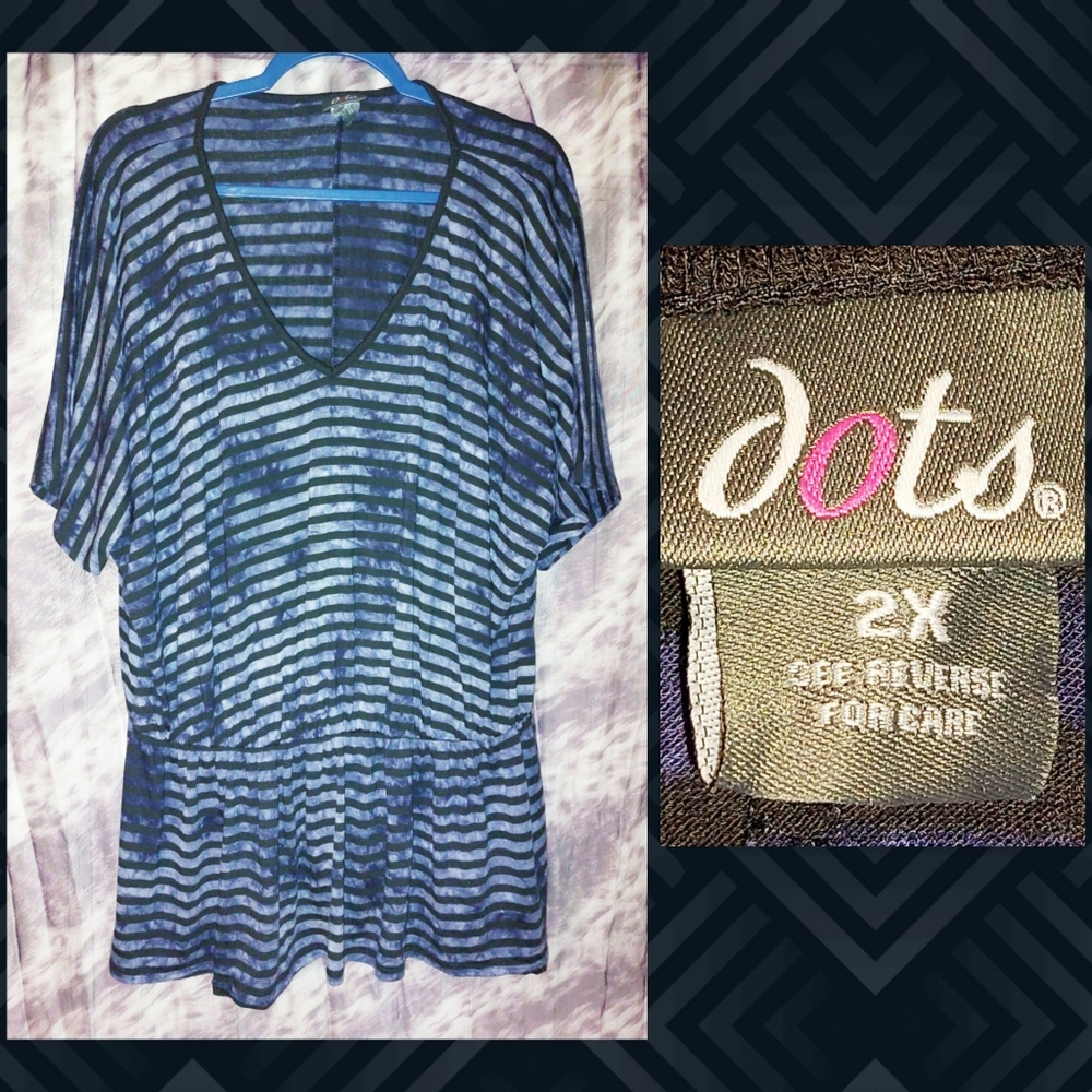Dots brand Navy Blue & Black Stripes & Tie Dye Prints Peplum Knit Top 2X(18/20)